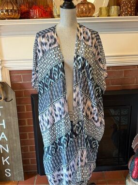Lane Bryant Printed Kimono Cardigan in Black, Blue, Cream